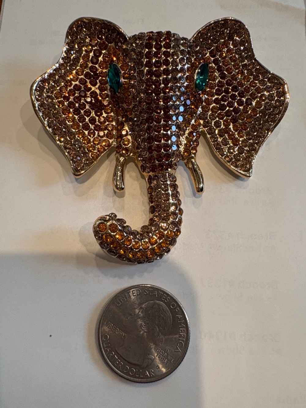 Crystal Elephant Pin Brooch - Amber Rhinestones with Green Eyes